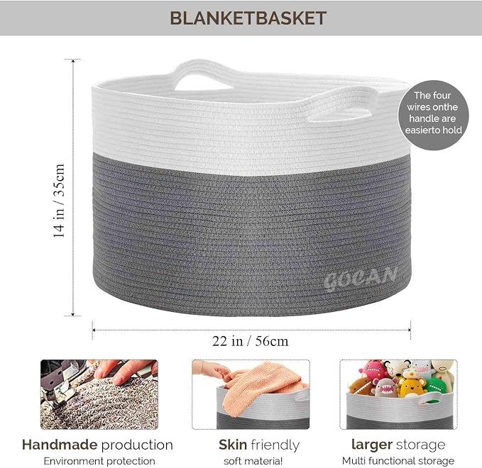 Cotton Rope Woven Laundry Basket 22"X 22"X 14" with handles XXXL | Hand-woven, ideal for storing blankets and cushions in the living room, and clothes for household storage.(Ltgrey/Beige)
