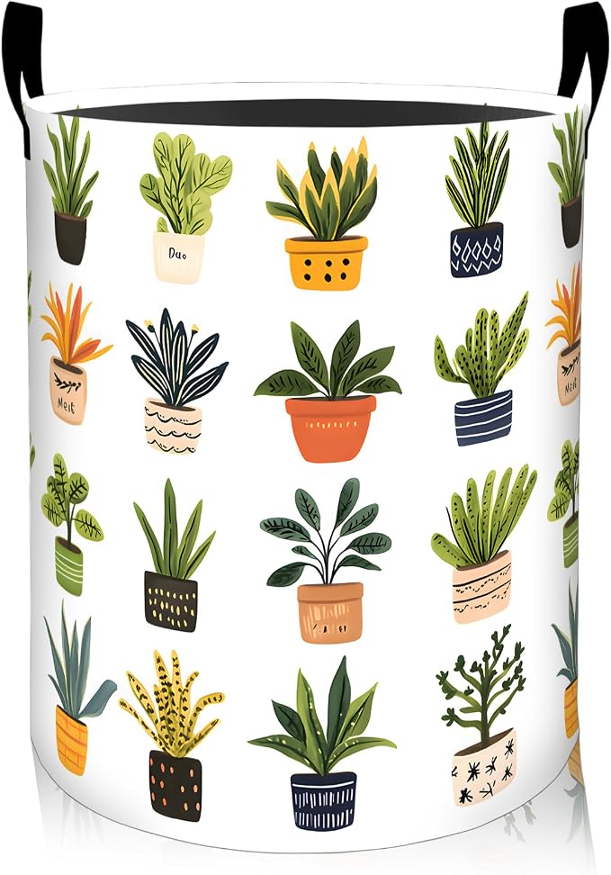 Potted Botanical Laundry Basket, Oxford Cloth Minimalist Nature Dirty Clothes Collapsible Hamper for Room Decor, Plant Leaf Print Gifts Toy Organizer 19.7 * 15.7 Inch for Bedroom Bathroom Dorm