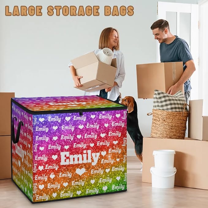Personalized Storage Bags with Lid Large Blanket Love Heart Organization and Storage Containers for Comforters,Bedding, Foldable Organizer with Reinforced Handle, Deep Bright Color Sequins Glitters