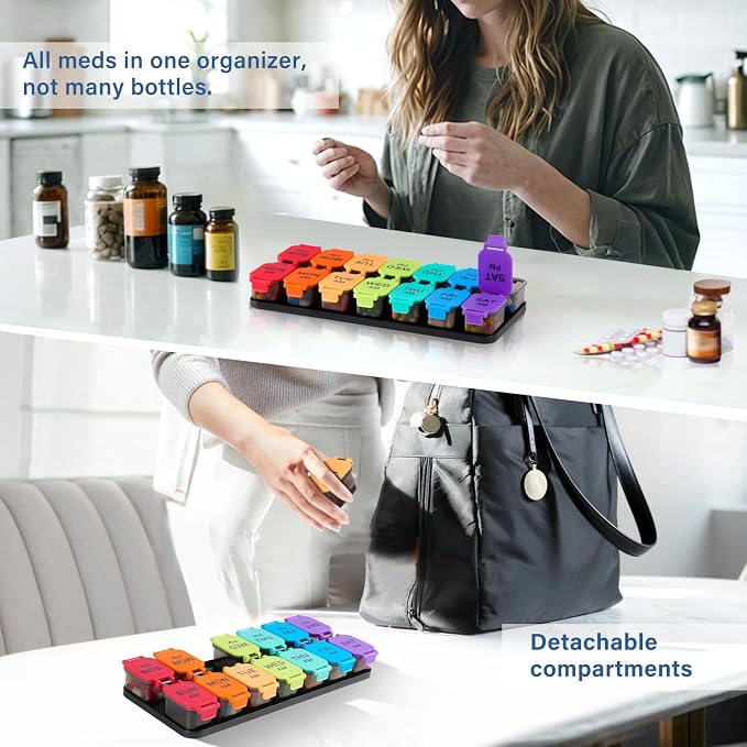 Yaklim Extra Large Weekly Pill Organizer, Detachable 7 Day AM PM Pill Box | XXL 14 Detachable AM PM Compartments；For Big Vitamins & Supplements； Easy to Open & Fill； Waterproof Seals； Easy Readability