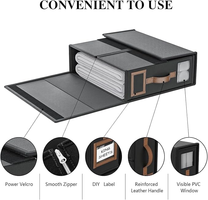 8 Pack Bed Sheets Organizers And Storage,Sheets Set Folder Keeper with Handle,Foldable Bedding Storage Box For Linen Closet,Duvet Cover(King Size-3.7 Gal,Black)
