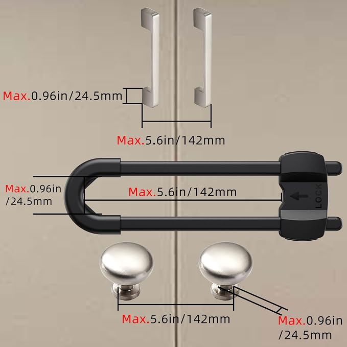(10 pack black) 4 button Cabinet Locks, U-Shaped Proofing Drawers Safety Child Locks Adjustable, for Wardrobe,Kitchen,Bathroom,Drawer,Fridge,Cupboard Doors Knobs & Handles