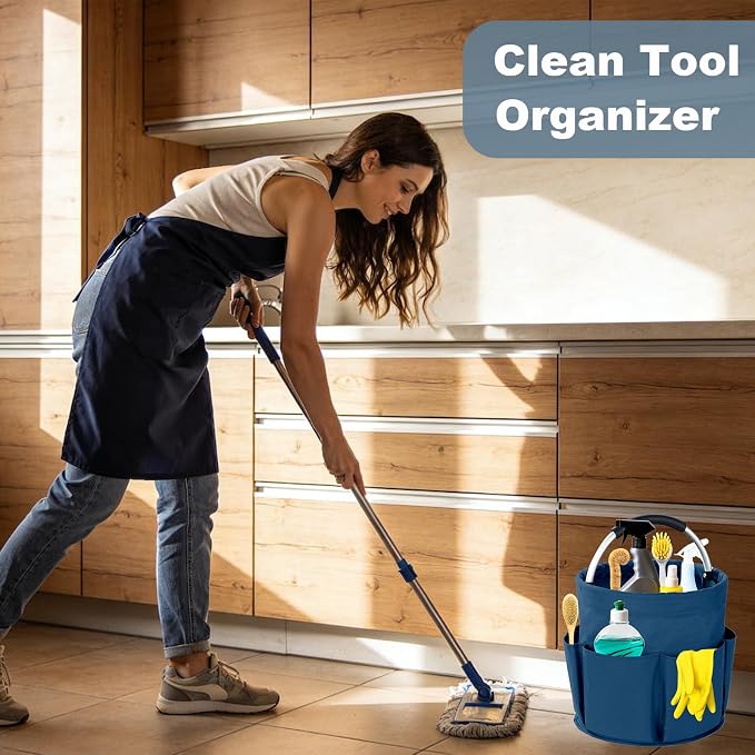 Cleaning Caddy with Handle, 17L Foldable Cleaning Supplies Organizer, Portable Storage Basket, Cleaning Supply Caddy, Multifunctional Cleaning Bucket Bag for Garden, Home, Kitchen (Blue)