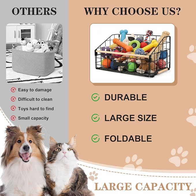 16.5" Metal Dog Toy Basket With Wooden Handle for Living Room Area | Trapezoid Storage Bin for Puppy Chew Toys, Indestructible Organizers and Storage for Pet Supplies, Clothes