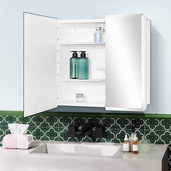 White Metal Double Door Medicine Cabinet 30 x 24 Beveled Mirror, Wall Mount | Double Door Metal Mirror Cabinet with Adjustable Staggered Shelves, Piano Hinge, Fully Assembled, Recessed / Surface Mounting