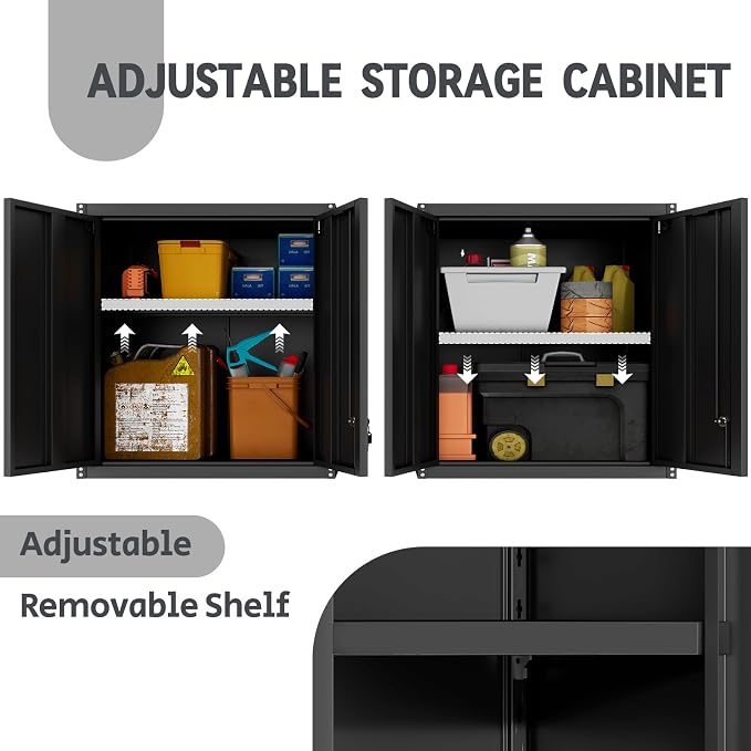 28" H Garage Storage Cabinet, Metal Garage Wall Cabinets with Doors and Shelves, Small Wall Mount Cabinet for Kitchen, Garage, Laundry Room, Pantry, Black