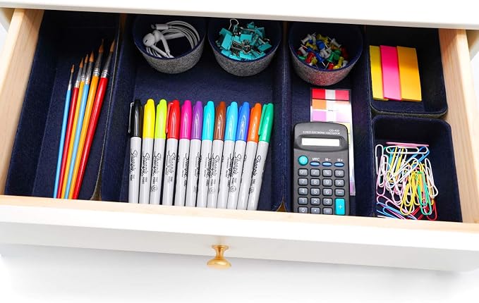 Welaxy 8pc office desk drawer organizer tray felt Storage bins Shallow Navy