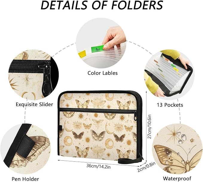 13 Pocket Zipper Expanding File Folder A4 Moon Butterfly | Accordion File Organizer with Front Pouch A4 Letter Size Portable Folders for Documents Receipt School Office Supplies