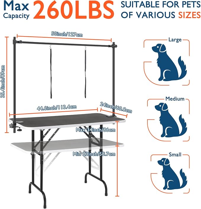 LEIBOU 45'' Height Adjustable(23''~33.8'') and Foldable Pet Dog Grooming Table Heavy Duty Iron Frame with H-Shape Grooming Arm & Noose, Maximum Capacity Up to 260lbs, Black