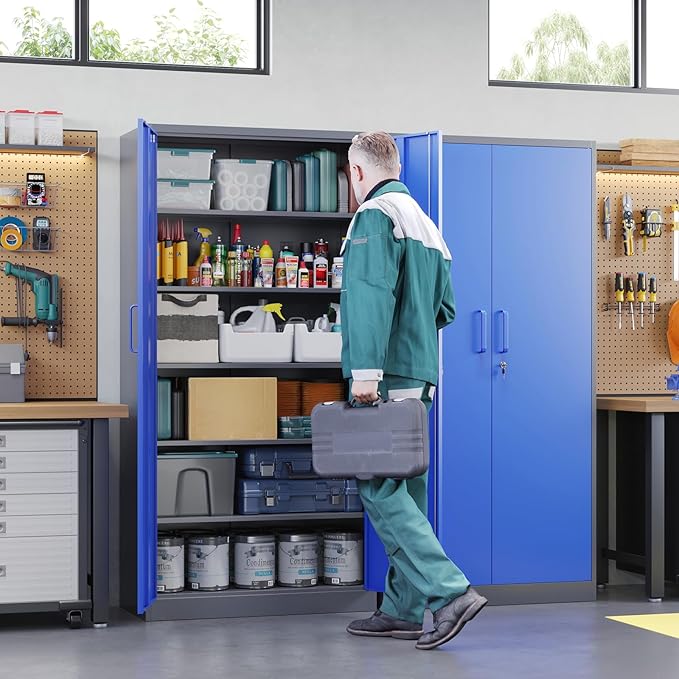 Metal Garage Storage Cabinets with Lock Door and Adjustable Shelves, Steel Tool Cabinets for Home,Office,Warehouse Organisieren (Blue Gray)