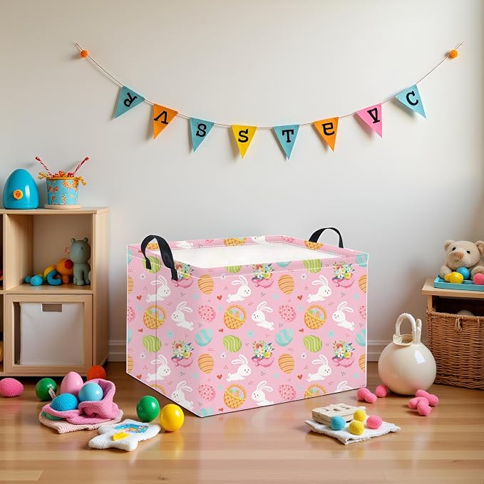 Rectangular Easter Basket for Home Kitchen Baby Girls Basket Cute Storage Bin Organizer Shelf Book Room Decor(Pink Bunny Egg)