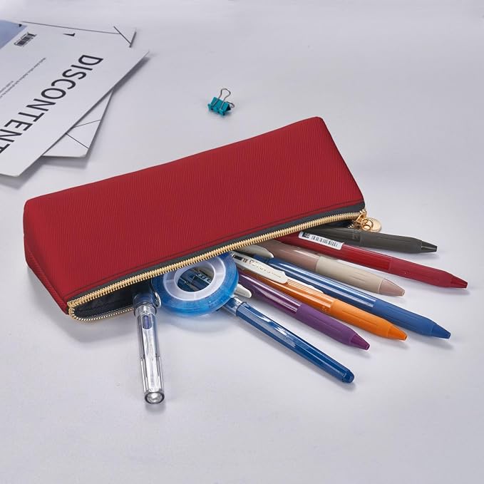 Leather Pen Case with Zipper - Aesthetic Pen Holder Amaranth red Pencil Case for Women & Men - Handcrafted Pencil Bag Multi-Functional Travel Cosmetic Case for Work Office Tool Pouch