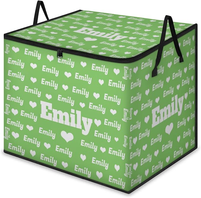 Custom Extra Large Storage Baskets Named with Lid, Personalized Storage Bins Basket Boxes Handles for Clothes Blanket Bedroom Closet Organizing Toys Shelves, Light Green Background Love Hearts