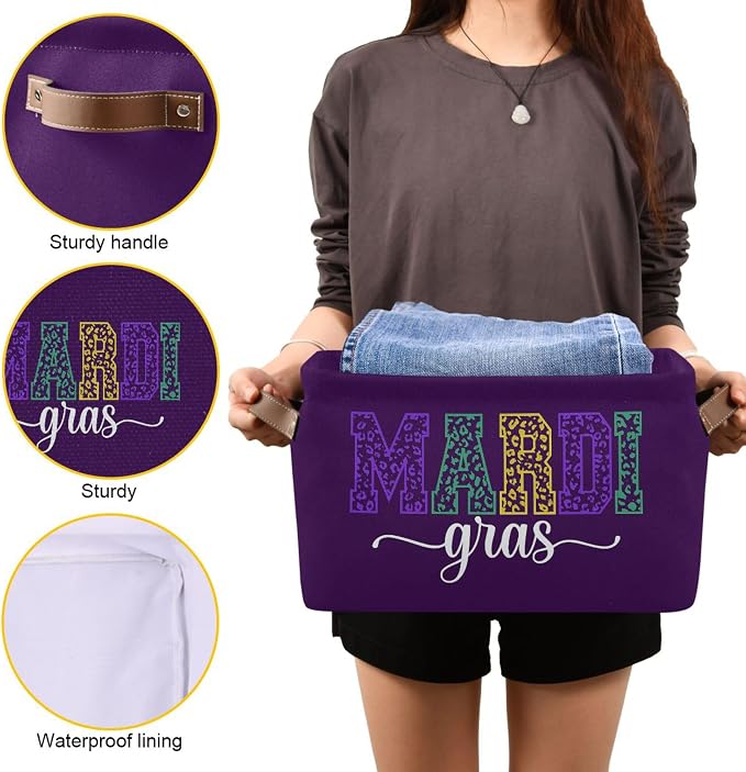 Wamika Happy Mardi Gras Purple Storage Basket with Waterproof Liner and PU Handles Fleur de Lis Storage Bins Boxes 14.2" Collapsible Decorative Organizer Baskets for Bedroom Closet Office 2 Pack