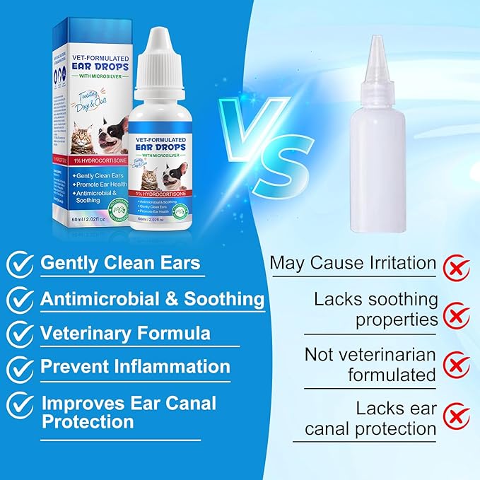 Dog Ear Infection Treatment Drops, Pets Ear Cleaning Drops with 1% Hydrocortisone for Dog & Cats Yeast Infection, Itchy Ear Relief, Pet Ear Care Supplies, 2.02 Fl.Oz