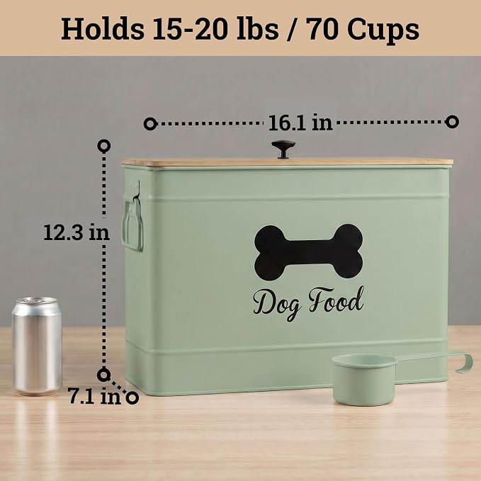Metal Dog Food Container 15-20 lbs w/ Airtight Bamboo Lid, 70 Cup Capacity | Pet Jar For Dogs up to 100lbs, Airtight Bamboo Lid, Sturdy Comfortable Metal Handle, Powder Coated Iron, Kibble Storage Bin