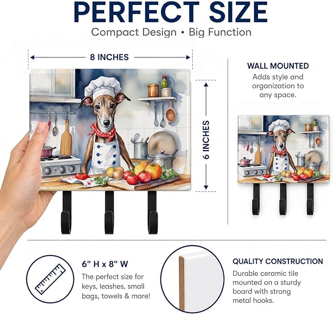 Caroline's Treasures Greyhound The Chef Leash or Key Holder Wall Hooks, Key Hooks Holder, Coat Rack Wall Mount, Coat Hooks, Hooks for Hanging Keys, Towels, Aprons, Leashes | Greyhound The Chef artwork on ceramic tile with three steel hooks for keys, le...