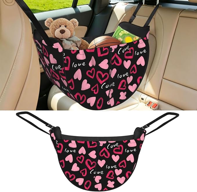 Modern Pink Love Hearts Car Seat Organizer Backseat Storage Bag, Large Waterproof Vehicle Organizer With Adjustable Straps For Gear Essentials, Fits Most Cars