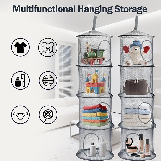 2PCS Hanging Mesh Storage Net, 4 Tier Stuffed Animal Storage with Hook | Grey, Polyester Material, Flexible and Breathable, Space Saving Organizer for Toys Clothes