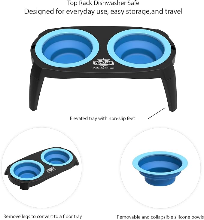 Elevated Pet Bowls Collection with Non Slip Stand for Dogs and Cats-Removeable and Collapsible Silicone Feeder for Food and Water- 16 Oz Each by PETMAKER (Pink), Blue