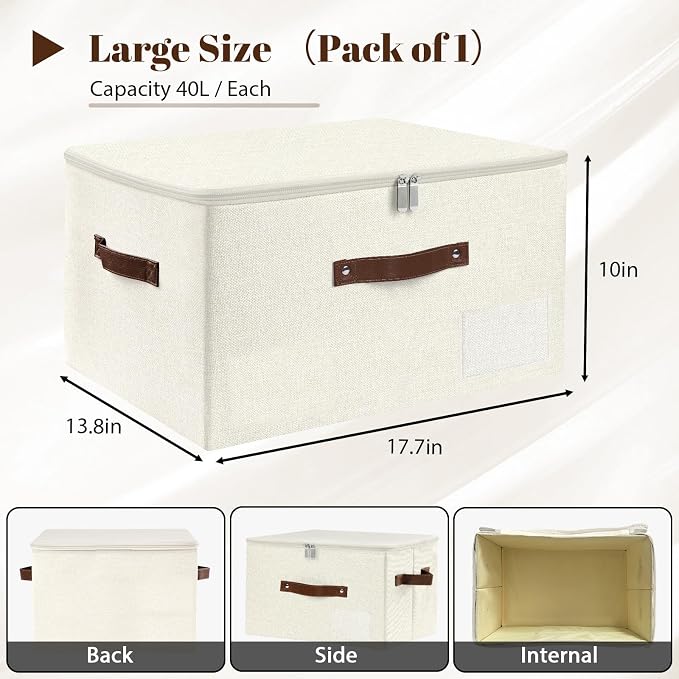 ANMINY Storage Box Fabric Bins with Zipper Lid, 17.7"x13.8"x10" Beige | Keepsake Box, Decorative, Cotton Linen, Reinforced PP Board Frame, Washable, Stackable & Foldable, Label Holder & PU Handles