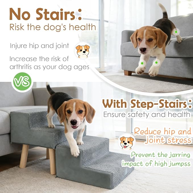 2-in-1 Dog Stairs & Ottoman, 4-Step Dog Ramp for Couch & Sofa | Dog Ramp for Bed, High-Density Foam & Wood Board Support, Side Storage Pocket, Foldable, 170 lbs, Machine Washable, Grey