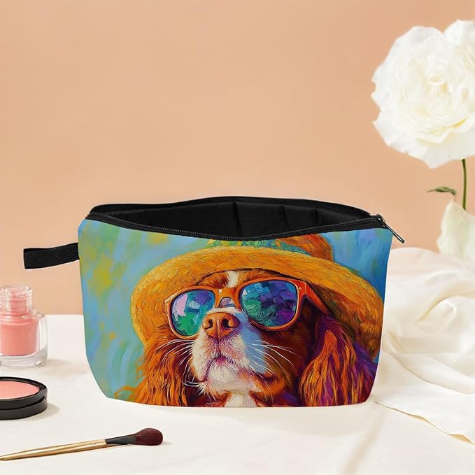Cavalier King Charles Spaniel Makeup Bag Vintage Oil Painting Style Adorable Dog with Straw Hat & Sunglasses Artistic Cosmetic Pouch for Dog Lovers Gift for Pet Enthusiasts