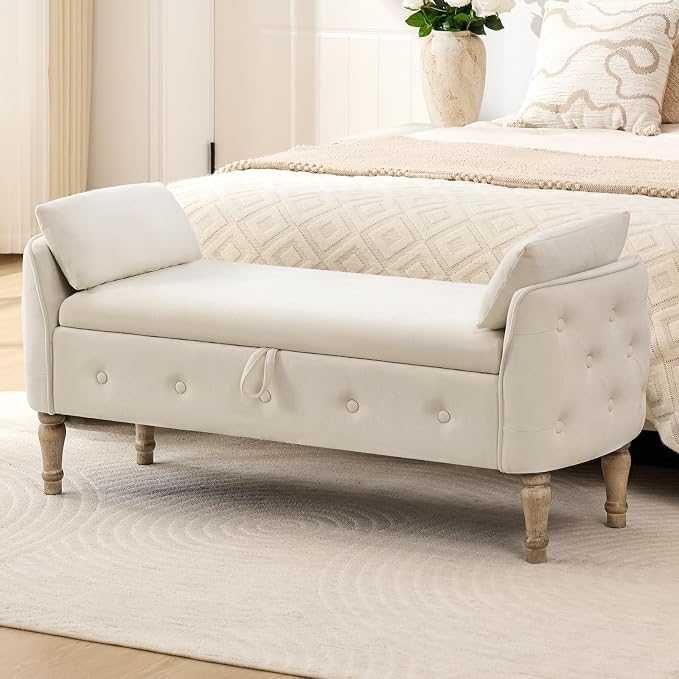 End of Bed Storage Bench King Size,51" Upholstered Bedroom Bench,Beige | Linen Storage Bench for Bedroom End of Bed ,2 Cushion, Vintage Wood Legs ,Tufted,Storage Ottoman Bench for Entryway Window