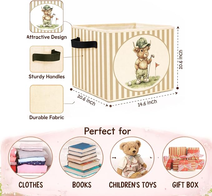 Highland Cow Storage Bin, Foldable Fabric Basket for Kids Room | Foldable fabric storage bin with golf cow design for toys, books, clothes, nursery, bedroom, and playroom use.