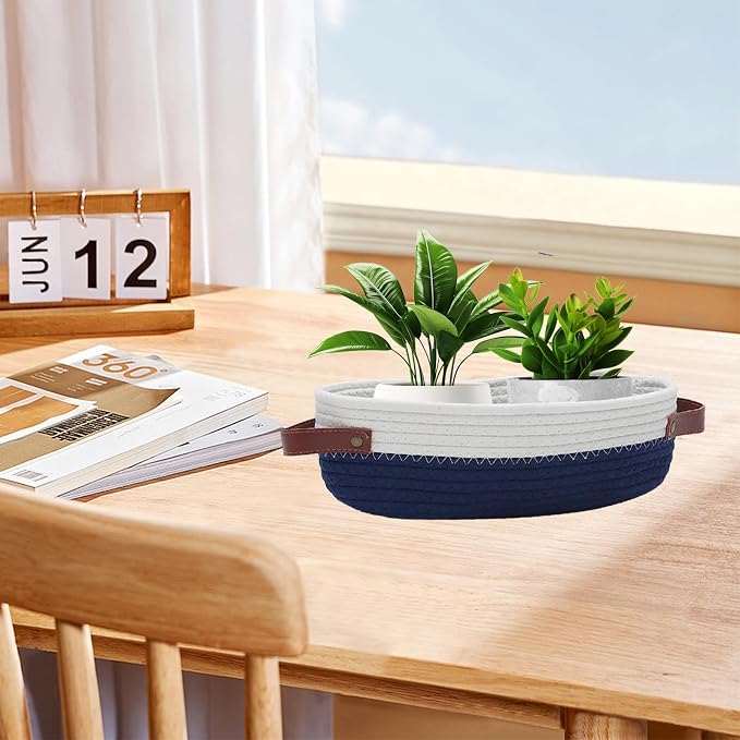 1 Pack Small Woven Storage Basket for Toilet Tank Top, Bathroom Countertop Organizer Cotton Rope Toilet Paper Storage Decorative Basket 13"x6"x4"(Navy/White)