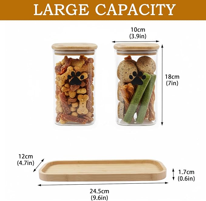 37oz Dog Treat Container Set of 2, Glass Dog Treat Jars for Kitchen Counter with Airtight Bamboo Lids, Small Pet Treat Canister,Puppy Food Bin for Kitchen Counter,Freshness Seal-Clear
