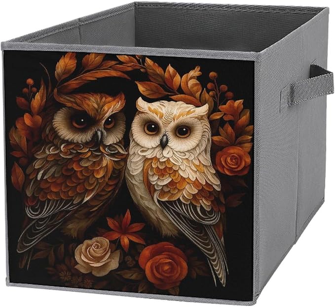 Owl Foldable Storage Bins, 10.6" Cube Storage Organizer, Sturdy Oxford Cloth Fabric Baskets for Closet, Shelf, Nursery, Bedroom, Decorative Printed Box for Toys & Clothes