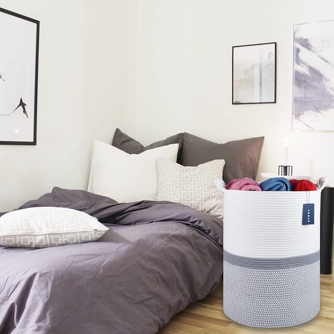 COMSE Tall Woven Blanket & Laundry Basket, 72L, Blend White & Gray | 15.7”x 21.7”, Cotton Rope, Large Nursery Hamper for Storage of Toys Clothes Towels, Great for Living Rooms Bedrooms Bathrooms