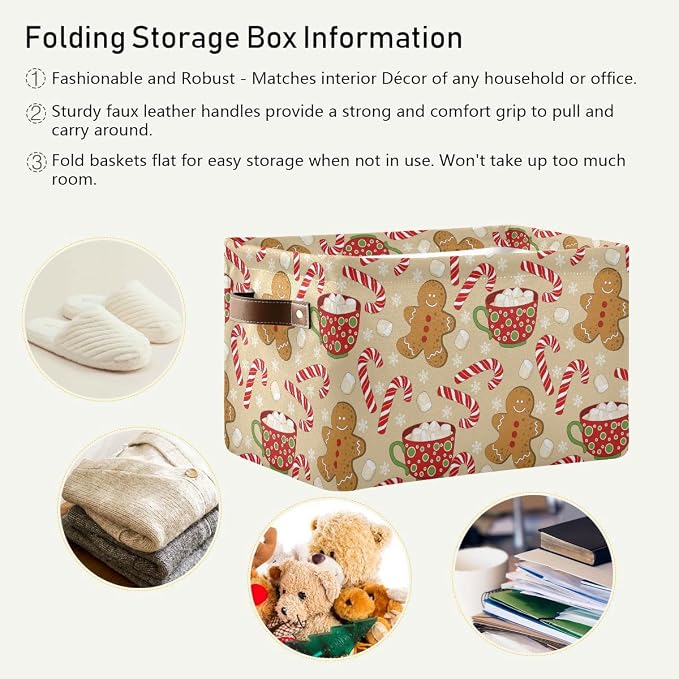 Christmas Gingerbread Man Storage Basket Fabric Kitchen Baskets Xmas Candy Cane Winter Snowflake Open Home Storage Bins Boxes Foldable Organizer Bag for Gift Book Shelf Baskets 16×12×8 IN 2 Pack