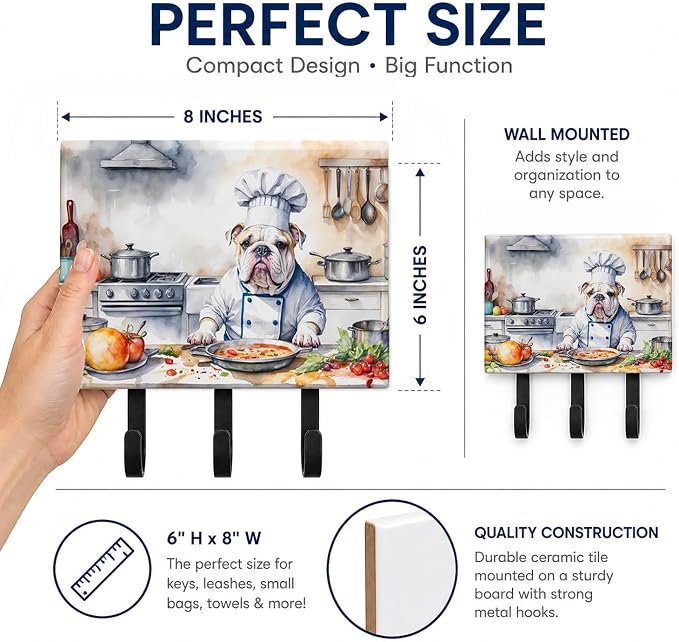 Caroline's Treasures English Bulldog The Chef Leash or Key Holder Wall Hooks, Key Hooks Holder, Coat Rack Wall Mount, Coat Hooks, Hooks for Hanging Keys, Towels, Aprons, Leashes | English Bulldog The Chef artwork on ceramic tile with three steel hooks ...