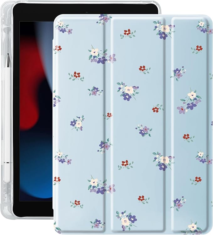 Cute Purple Floral Case for 12.9" iPad Pro 2022/2021/2020/2018, Clear TPU Smart Stand Back Cover with Pencil Holder, Auto Wake/Sleep Foldable Shockproof Protective Case