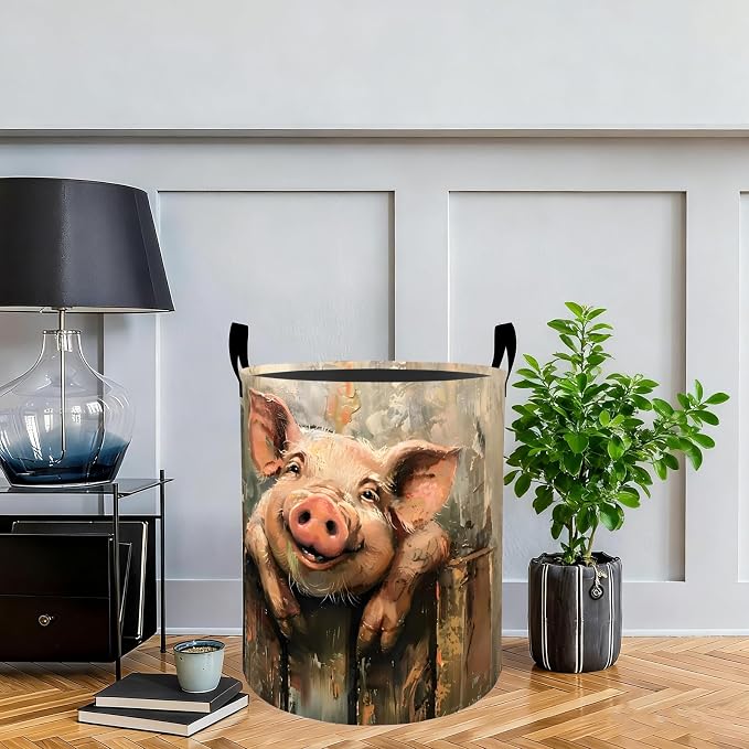 Smiling Pig Laundry Basket Hamper, Organizer Bins Gifts for Women Kids, Farm Animal Foldable Waterproof Clothes Hamper Handles Storage Bucket for Bedroom Bathroom Room Decor 19.7"x15.7"