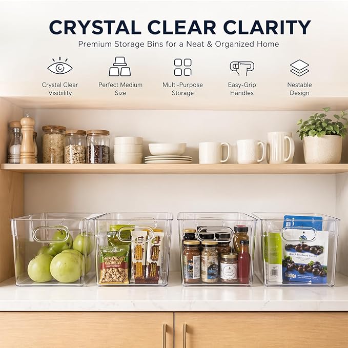 MOONEDGE 6 Pack Clear Organizer Bins 11x8x6in Pantry Organizers and Storage | Clear Containers for Organizing, Plastic Storage Bins with Handles for Drawer, Craft, Fridge, Kitchen Cabinet Shelf