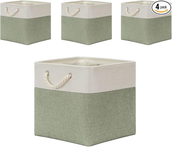 Temary Cube Storage Bins 13x13 Storage Cubes Basket for Gifts Empty, 4 Pack Large Storage Basket with Handles, Decorative Storage Baskets for Home (White&Green)
