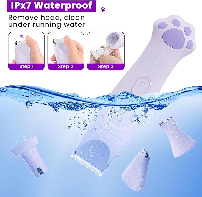Veeconn Dog Clippers for Grooming - 4-in-1 Dog Clippers Grooming Kit with Low Noise & IPX7 Waterproof Design Includes Comb Paw Trimmer Nail Grinder - Rechargeable & Cordless Dog paw Trimmer (Purple)