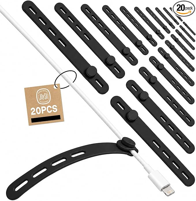 20-Pack Reusable Silicone Cable Ties for Wires & Cords (Black) | Tear-Proof Elastic Silicone Wire Organizers with Adjustable Snaps, Durable Cable Ties for Phone Chargers, Desk & Travel