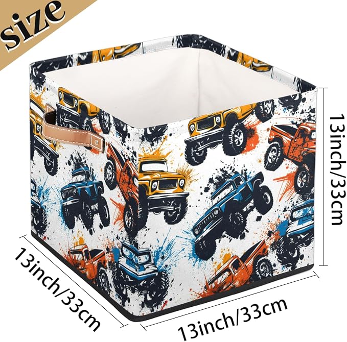 Monster Truck Car Cube Storage Bin, 13 Inch Collapsible Fabric Storage Cubes Bin, Foldable Cube Baskets for Shelf, Closet, Organizer