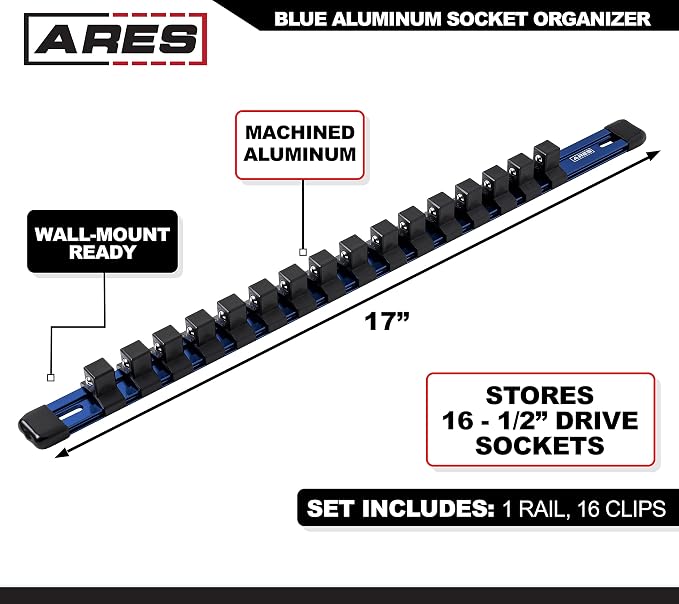 ARES 60044 1/2-In Blue Socket Rail | Part No. 60044; Store up to 16 Sockets and Keep Your Tool Box Organized