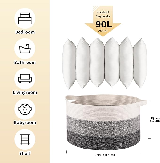 OIAHOMY 90L Extra Large Blanket Basket - Decorative Cotton Rope Storage Basket for Bedroom, Living Room & Nursery - Woven Laundry Hamper for Organizing Blankets, Clothes & Toys - Gradient Grey