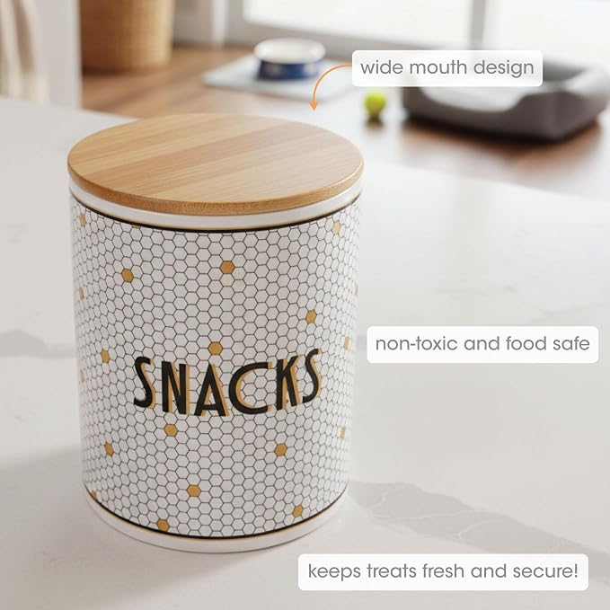 Pearhead Ceramic Dog Treat Jar with Wooden Lid – Bistro Tile Dog Biscuit Container for Countertop, Airtight Stoneware Pet Treat Storage Canister for Puppy Treats & Training Rewards (Pack of 2)