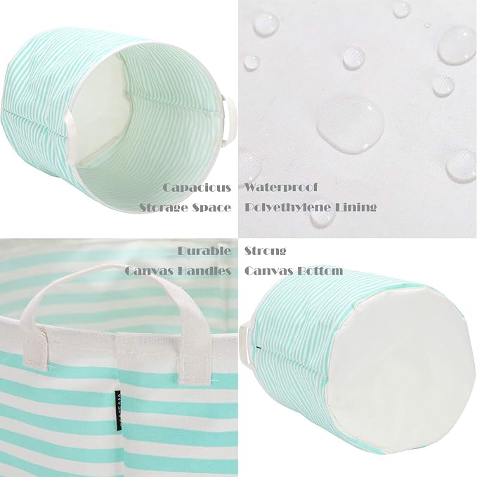 Sea Team Large Canvas Laundry Basket with Handles, Mint Stripes | Collapsible Fabric Laundry Hamper, Closet Shelf Organizers, Containers for Clothing, Blankets, Toys, Bedding, 19.7 x 15.7”