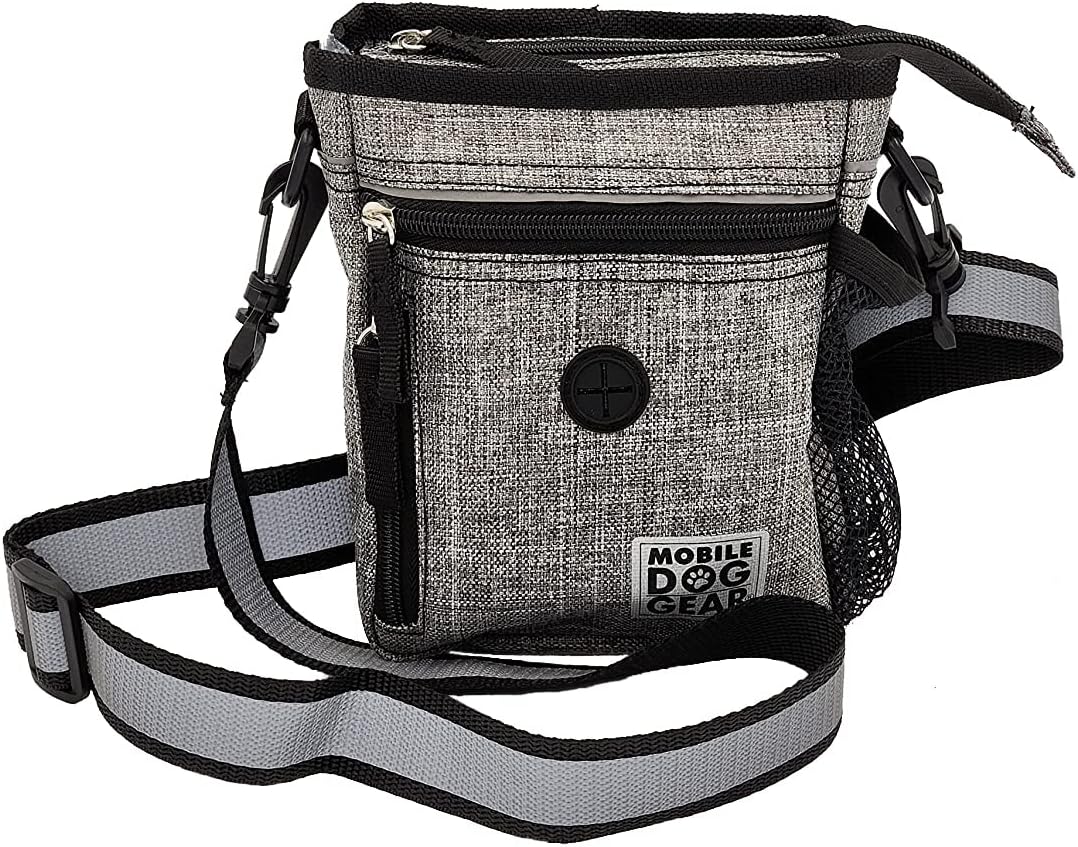 Mobile Dog Gear Dog Walking Fanny Pack (6"x7", Heathered Gray) - Dog Training Treat Pouch with Poop Bag Dispenser & Bags, Reflective Wrist Straps, Adjustable Shoulder Strap, Flashlight, Bottle Pocket