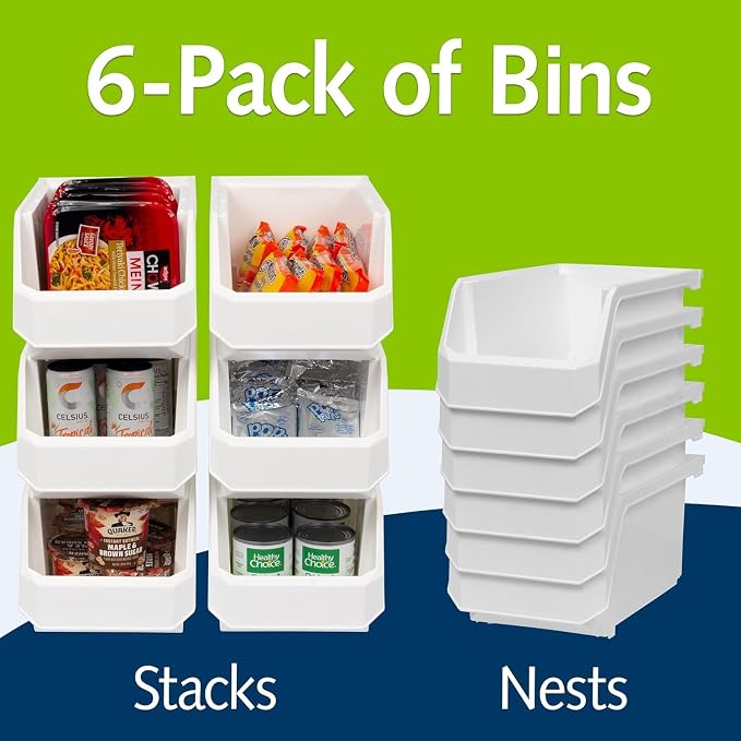 Large Stackable Plastic Storage Bins, 6-Pack, White | Open-Front Stackable Bins For Garage, Pantry, Closet & Office, 14,8"L X 8"W X 7"H, Nests When Empty, Durable Plastic,