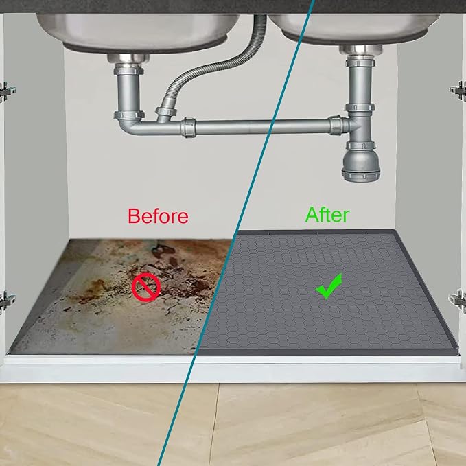 Under Sink Mat 31 x 22 for Kitchen Waterproof, Silicone Under Sink Liner for Kitchen Bathroom Cabinet Organizers and Storage, Easy to Clean Cabinet Mat, Grey