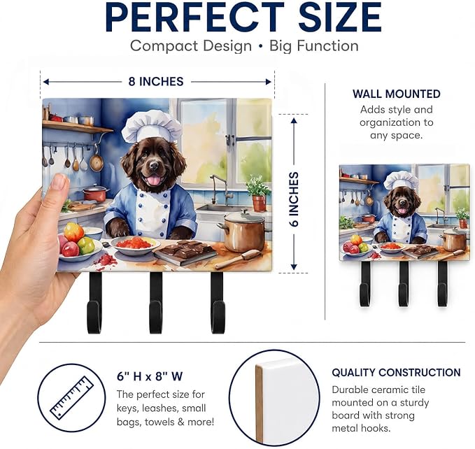 Caroline's Treasures Newfoundland The Chef Leash or Key Holder Wall Hooks, Key Hooks Holder, Coat Rack Wall Mount, Coat Hooks, Hooks for Hanging Keys, Towels, Aprons, Leashes | Newfoundland The Chef artwork on ceramic tile with three steel hooks for ke...